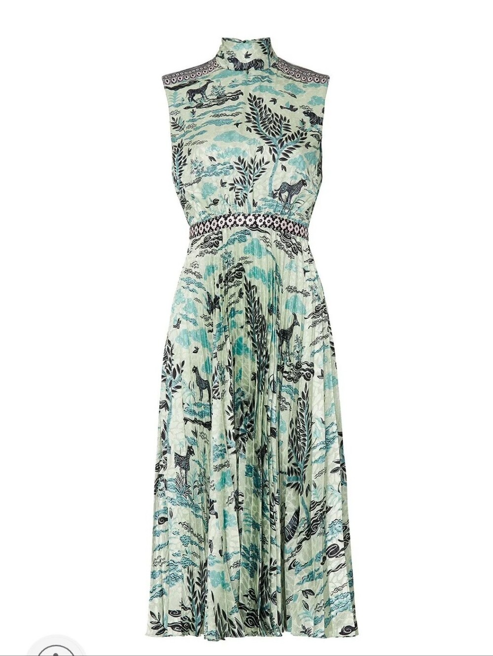 Saloni Sleeveless High-Neck Mint Green Printed Pleated Midi Dress